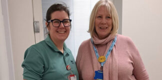 Therapet Ava with volunteer Isobel visited wards A21 and A31 at Forth Valley Royal Hospital with Activities Coordinator Joanne McDermid.