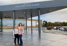 Aino Lindstrom (left) and Sarah Paeth are pictured outside the entrance of Forth Valley Royal Hospital.