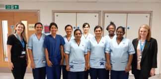 Lisa Fairweather, NHS Forth Valley’s International Recruitment Lead, (far left) and Sarah Grant, NHS Forth Valley’s Nurse Educator for International Recruitment (far right) are pictured with the latest group of nurses recruited from India, Iran and Trinidad and Tobago who have chosen to work in NHS Forth Valley.