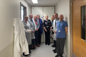 Scott Urquhart (Director of Finance), Robert Clark (Employee Director) and Lynda Bennie (Head of Clinical Governance) are pictured with Dr Hugh Edwards (Consultant Haematologist), Gillian Lowe (Department Manager - Clinical Chemistry, Haematology and Blood Transfusion), Gillian Mason, Deputy Manager), Mhairi Maire (Senior Biomedical Scientist), and John Faulds (Transfusion Practitioner).