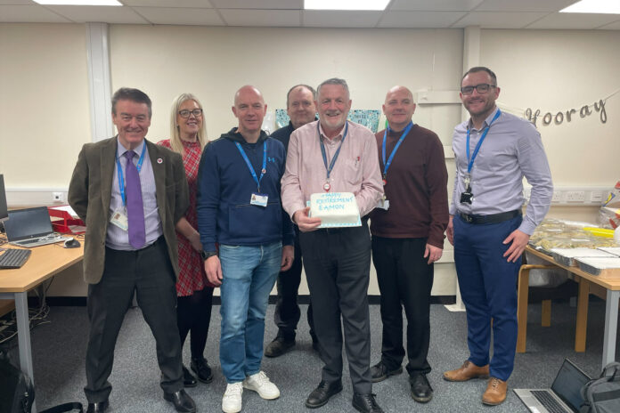 The Estates Dept at Falkirk Community Hospital held a surprise party for Eamon O’Hare who recently retired after 50 years’ service.