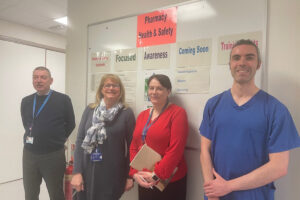 Robert Clark (Employee Director) and Lynda Bennie (Head of Clinical Governance) are pictured with Hazel Jamieson (Operational Services Manager) and Stephen O’Neill (Lead Clinical Pharmacist) at a return visit to the department.