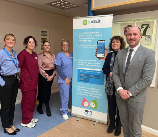 Photo from left to right: Andrea Davidson, Lead General Practice Nurse (GPN), NHS Forth Valley, June Straight, GPN, Carronbank Medical Practice, Lesley Hamilton, Practice Manager, Carronbank Medical Practice, Beverley Birnie, Lead GPN, Carronbank Medical Practice, Jane Harris, Head of Programme, Workforce Education and Career Development, NHS Education for Health and Cabinet Secretary for Health and Social Care Neil Gray MSP.