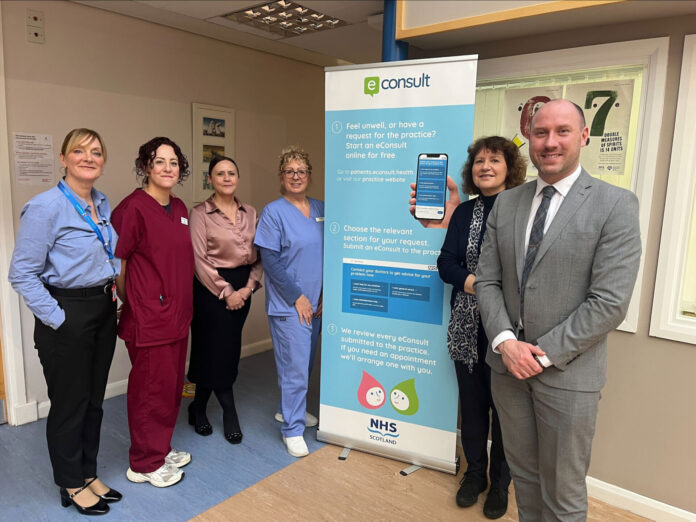 Photo from left to right: Andrea Davidson, Lead General Practice Nurse (GPN), NHS Forth Valley, June Straight, GPN, Carronbank Medical Practice, Lesley Hamilton, Practice Manager, Carronbank Medical Practice, Beverley Birnie, Lead GPN, Carronbank Medical Practice, Jane Harris, Head of Programme, Workforce Education and Career Development, NHS Education for Health and Cabinet Secretary for Health and Social Care Neil Gray MSP.