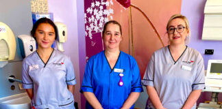Midwife Amanda Wilson and students Lucy and Emma are pictured with both cots donated by Abilgail’s Footsteps.
