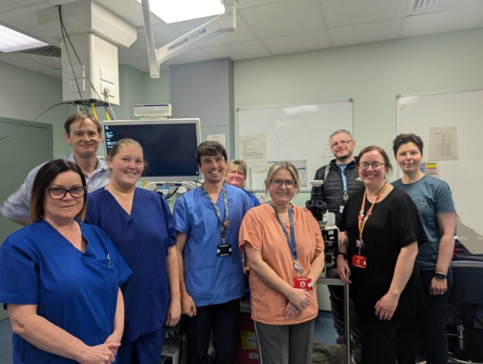 New Rapid On Site Evaluation to Speed Up Lung Cancer Diagnosis Pictured (l-r): Julie Mills, Dr Ronan Breen, Heather Everingham, Dr Jonathan Gareze, Nicole Swanston, Claire Mullen, Calum Granger, Dawn Sutherland, Dr Laura Maclean