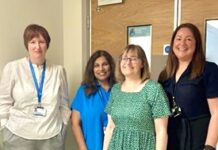 Pictured (l-r): Elsbeth Campbell (Head of Communications), Neena Mahal (Interim Chair), Emma Westall (Midwifery Team Leader) and Jennifer Szotek (Department Manager)