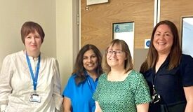 Pictured (l-r): Elsbeth Campbell (Head of Communications), Neena Mahal (Interim Chair), Emma Westall (Midwifery Team Leader) and Jennifer Szotek (Department Manager)